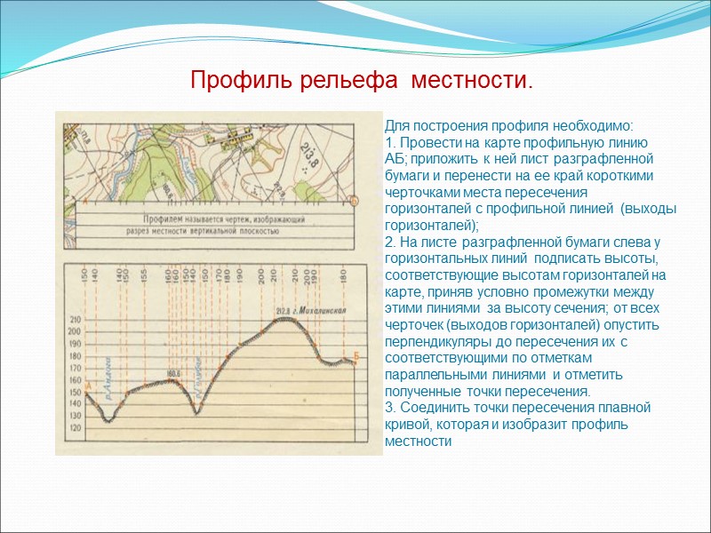 Для построения профиля необходимо: 1. Провести на карте профильную линию АБ; приложить к ней